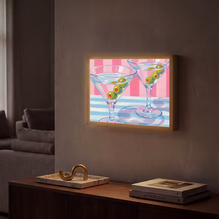 Cocktail - Olijven - Kunst - Modern - Roze Light Box met batterij (Wandlamp) middel -sfeer1