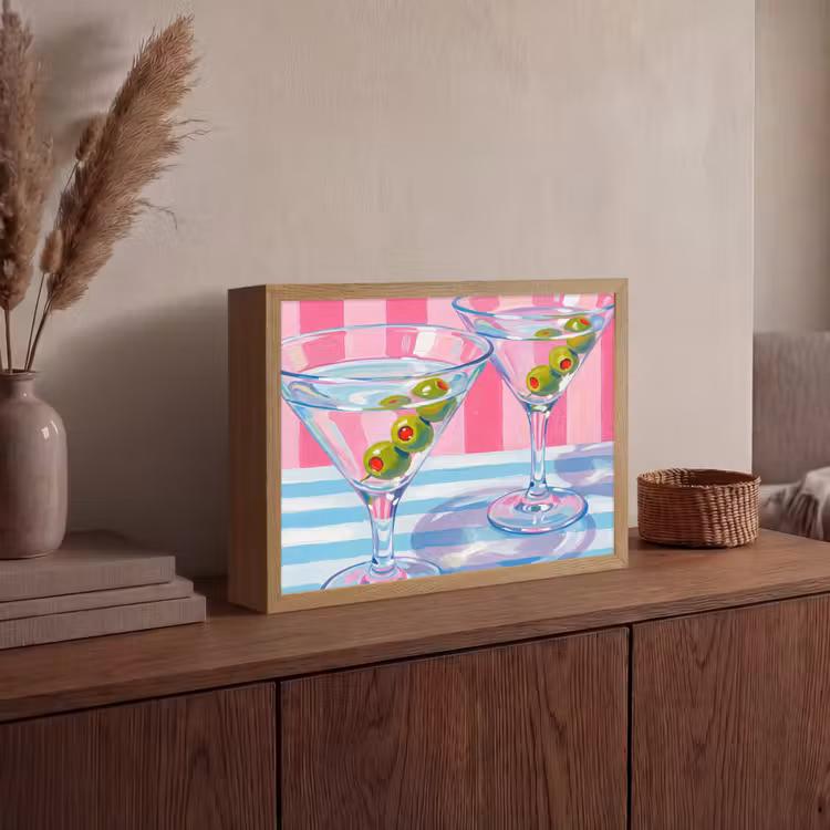 Cocktail - Olijven - Kunst - Modern - Roze Light Box met batterij (Wandlamp) middel -sfeer2
