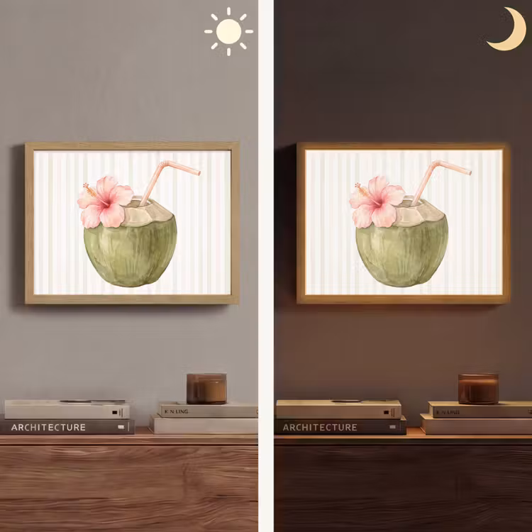 Kokosnoot - Drank - Tropisch - Illustratie - Zomer Light Box met batterij (Wandlamp) middel -sfeer3