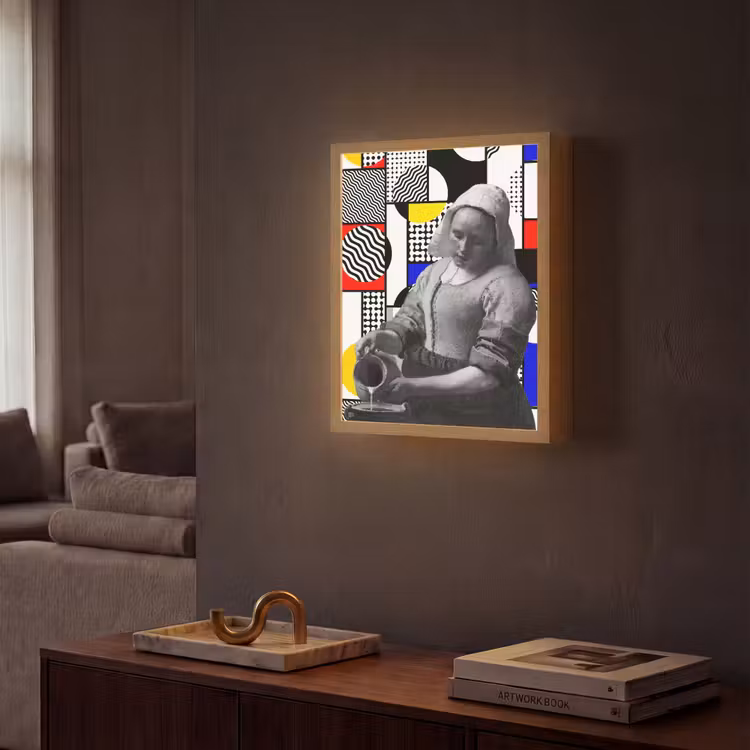 Collage - Mondriaan - Melkmeisje Light Box met batterij (Wandlamp) middel -sfeer1