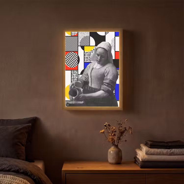 Collage - Mondriaan - Melkmeisje Light Box met batterij (Wandlamp) middel -sfeer4