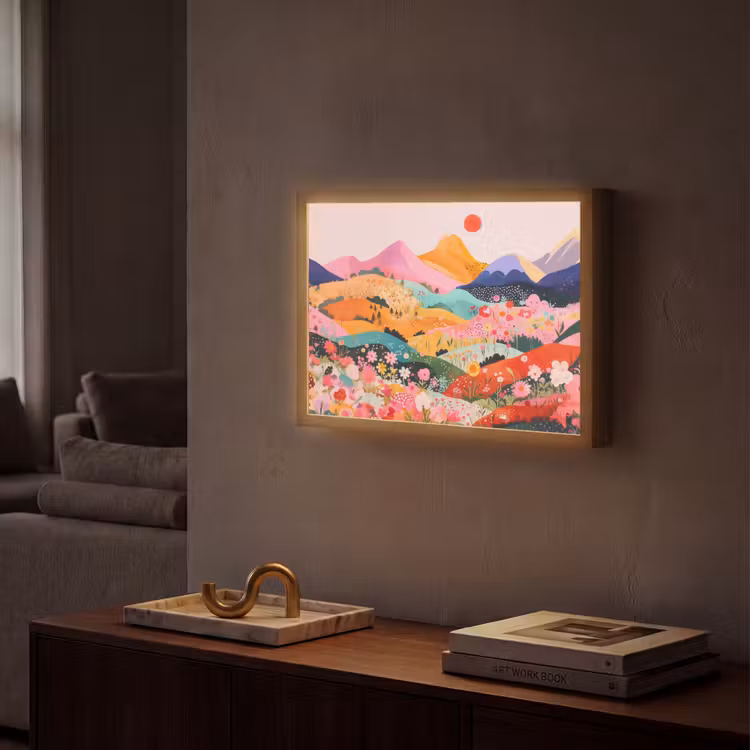 Kleurrijke bloemen - Bergen - Fantasielandschap Light Box met batterij (Wandlamp) middel -sfeer1
