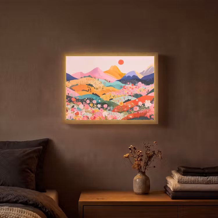 Kleurrijke bloemen - Bergen - Fantasielandschap Light Box met batterij (Wandlamp) middel -sfeer4