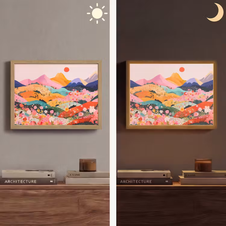 Kleurrijke bloemen - Bergen - Fantasielandschap Light Box met batterij (Wandlamp) middel -sfeer3