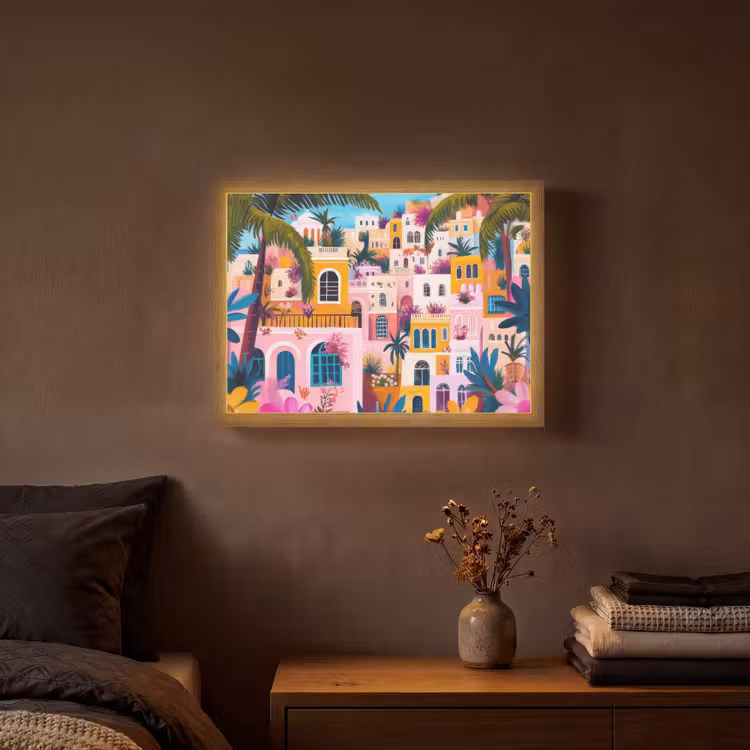 Kleurrijk - Roze - Oranje - Geel - Bloemen Light Box met batterij (Wandlamp) middel -sfeer4