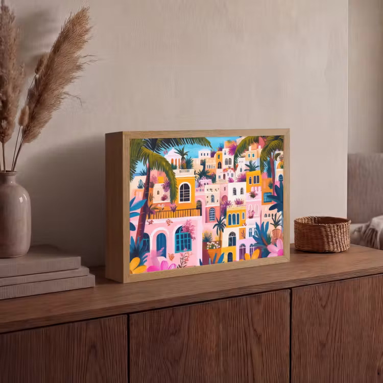 Kleurrijk - Roze - Oranje - Geel - Bloemen Light Box met batterij (Wandlamp) middel -sfeer2