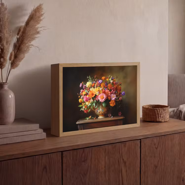 Kleuren - Boeket - Vaas - Hout Light Box met batterij (Wandlamp) middel -sfeer2