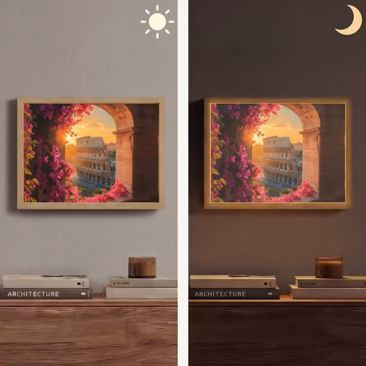 Colosseum - Rome - Roze Bloemen Light Box met batterij (Wandlamp) middel -sfeer3