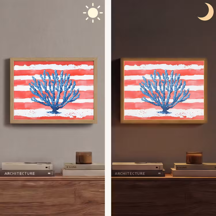 Koraal - Verfstructuur - Rood - Blauw Light Box met batterij (Wandlamp) middel -sfeer3