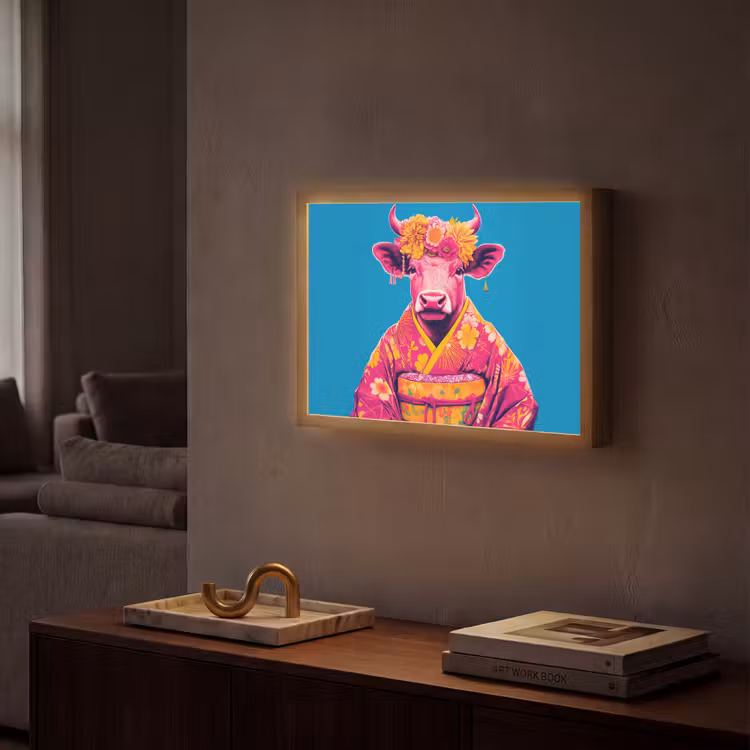 Koe - Bloemenkrans - Oorhangers - Kimono Light Box met batterij (Wandlamp) middel -sfeer1