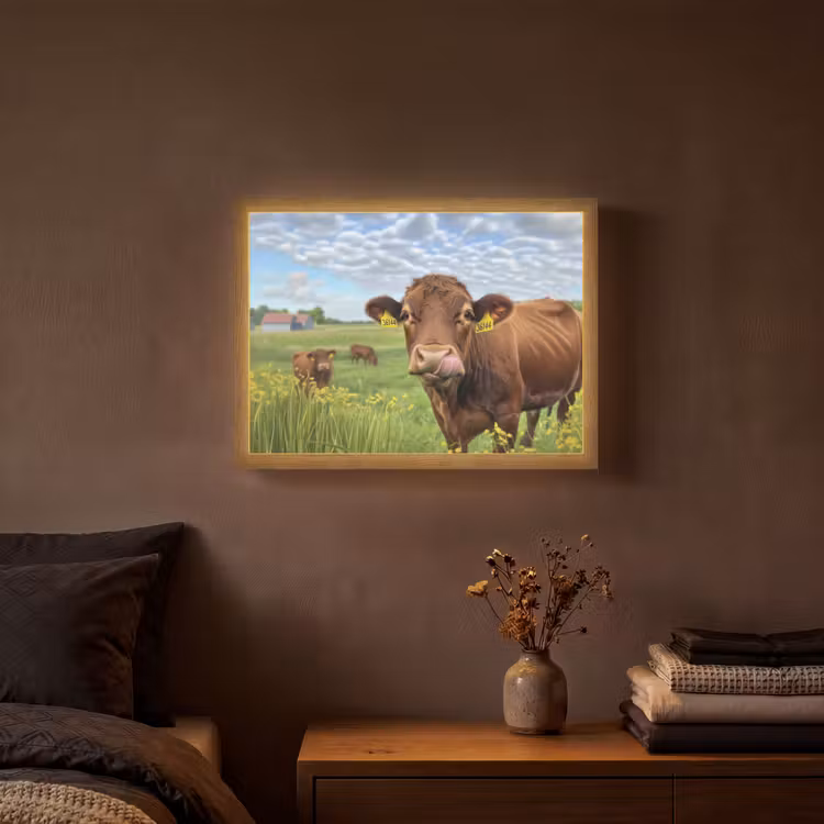 Koe - Weide - Bloemen Light Box met batterij (Wandlamp) middel -sfeer4