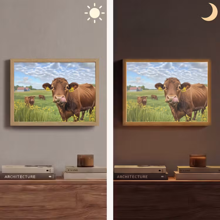 Koe - Weide - Bloemen Light Box met batterij (Wandlamp) middel -sfeer3