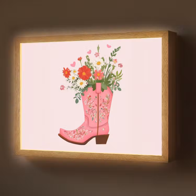 Cowboylaarzen - Roze - Boeket - Bloemen Light Box met batterij (Wandlamp) middel -z3d_website