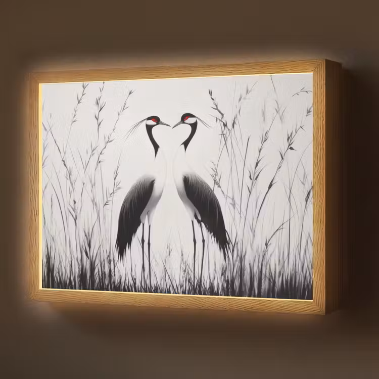 Kraanvogels - Gras - Hartvorm - Zwart Light Box met batterij (Wandlamp) middel -z3d_website
