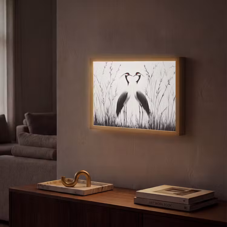 Kraanvogels - Gras - Hartvorm - Zwart Light Box met batterij (Wandlamp) middel -sfeer1