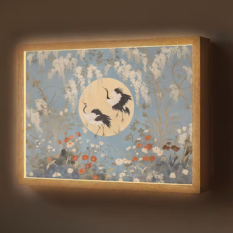 Kraanvogels - Maan - Bloemen - Blauw Light Box met batterij (Wandlamp) middel -z3d_website