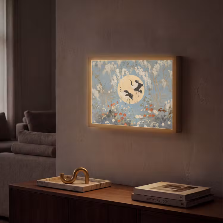 Kraanvogels - Maan - Bloemen - Blauw Light Box met batterij (Wandlamp) middel -sfeer1