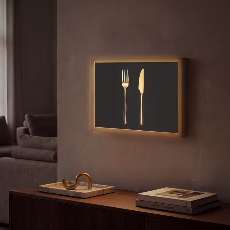 Bestek - Goud - Mes - Vork Light Box met batterij (Wandlamp) middel -sfeer1