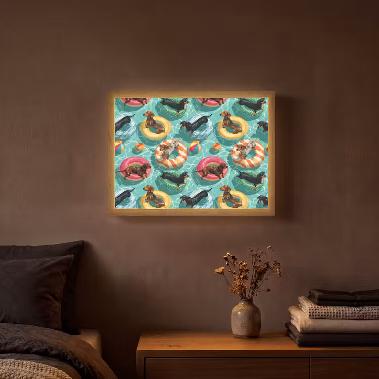 Teckels - Zwembad - Kleurrijk Light Box met batterij (Wandlamp) middel 907 -sfeer4