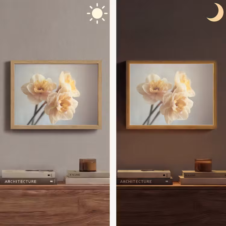 Narcissen - Geel - Bloemblaadjes Light Box met batterij (Wandlamp) middel -sfeer3