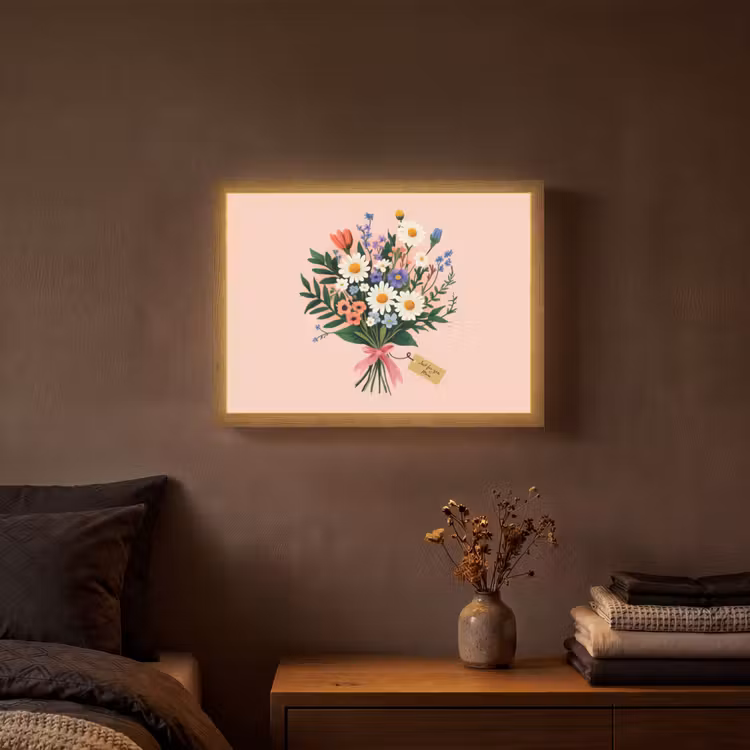 Margrieten - Boeket - Strikje - Roze Light Box met batterij (Wandlamp) middel -sfeer4