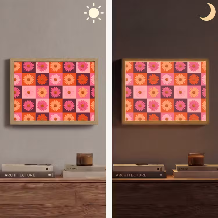 Madeliefjes - Dambord - Retro - Roze - Oranje Light Box met batterij (Wandlamp) middel 907 -sfeer3
