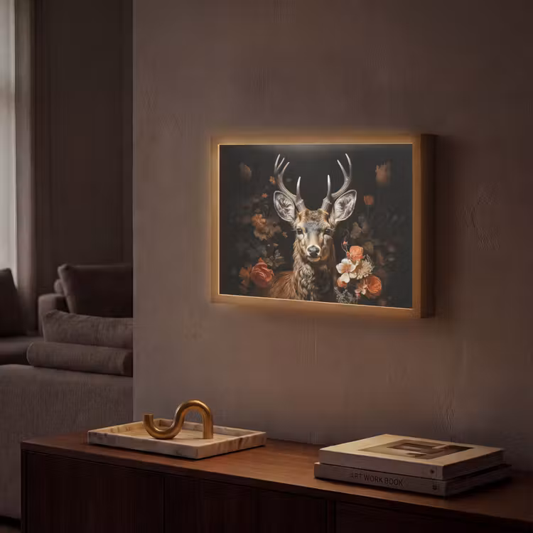Hert - Dier - Bloemen - Natuur - Botanisch Light Box met batterij (Wandlamp) middel -sfeer1