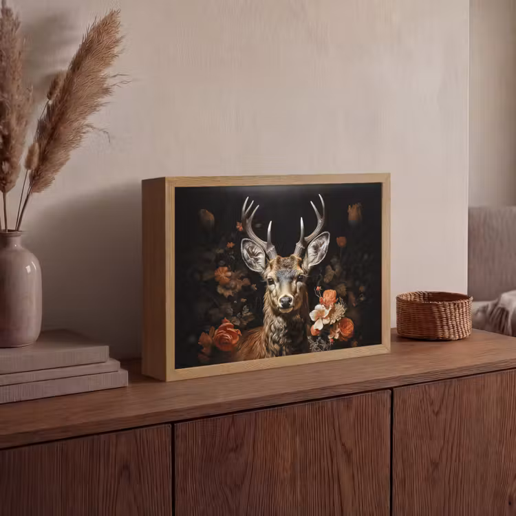 Hert - Dier - Bloemen - Natuur - Botanisch Light Box met batterij (Wandlamp) middel -sfeer2