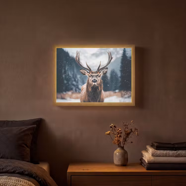 Hert - Dieren - Landschap - Winter - Sneeuw Light Box met batterij (Wandlamp) middel -sfeer4