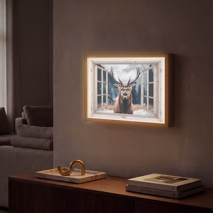 Hert - Dieren - Landschap - Winter - Sneeuw - Doorkijk - Natuur Light Box met batterij (Wandlamp) middel -sfeer1