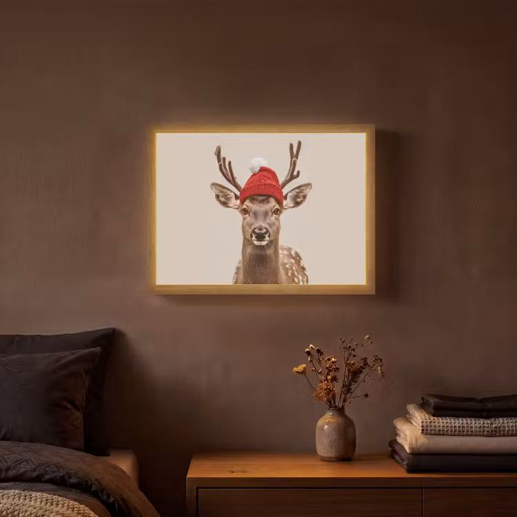 Hert - Kerst - Muts - Dieren - Winter - Grappig Light Box met batterij (Wandlamp) middel -sfeer4