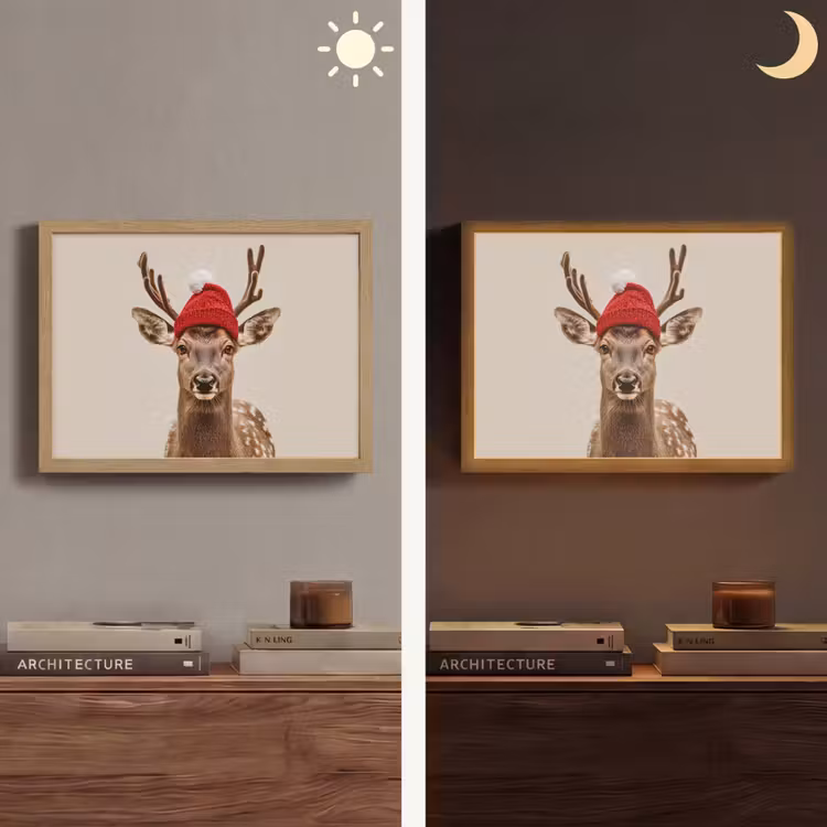 Hert - Kerst - Muts - Dieren - Winter - Grappig Light Box met batterij (Wandlamp) middel -sfeer3