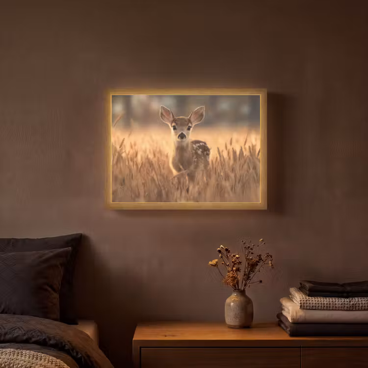 Hert - Graanveld - Bruin Light Box met batterij (Wandlamp) middel -sfeer4