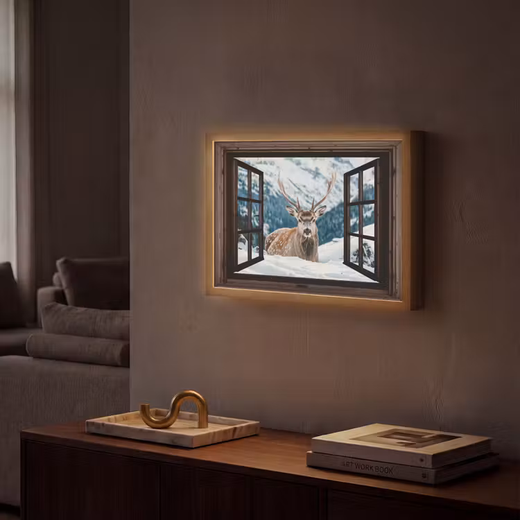 Hert - Landschap - Winter - Natuur - Dieren - Doorkijk - Bergen Light Box met batterij (Wandlamp) middel -sfeer1
