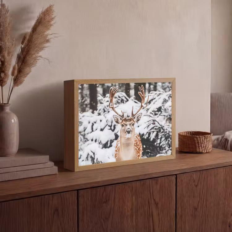 Hert - Sneeuw - Winter - Bos - Dieren Light Box met batterij (Wandlamp) middel -sfeer2