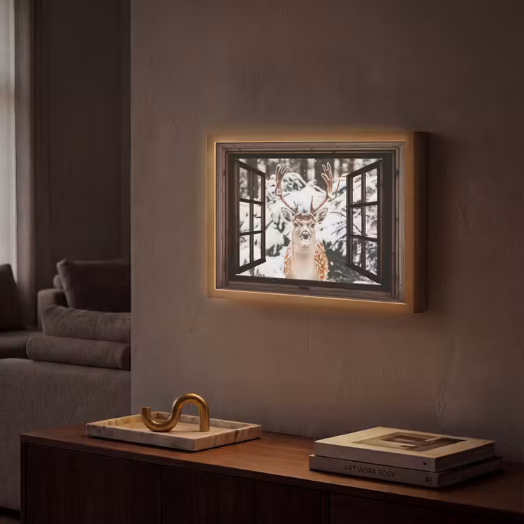 Hert - Sneeuw - Winter - Bos - Dieren - Doorkijk Light Box met batterij (Wandlamp) middel -sfeer1
