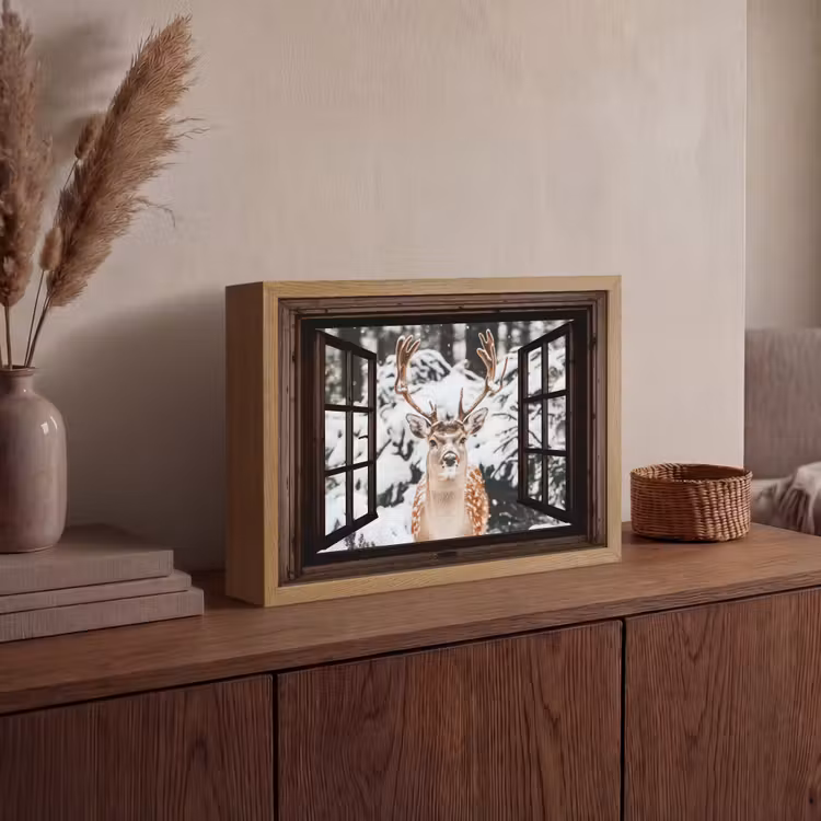 Hert - Sneeuw - Winter - Bos - Dieren - Doorkijk Light Box met batterij (Wandlamp) middel -sfeer2