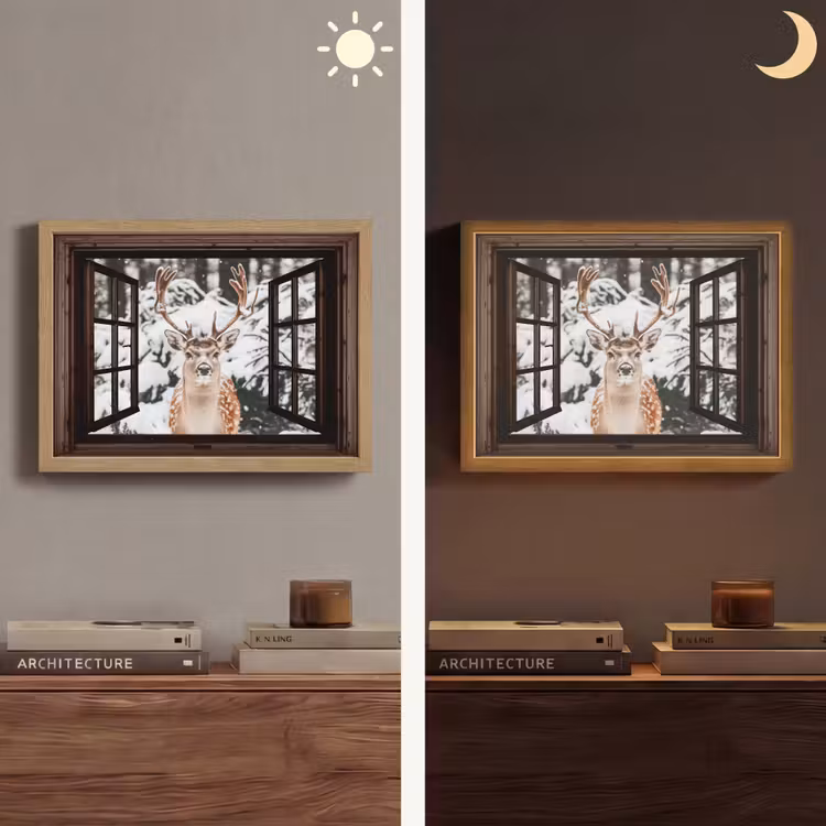 Hert - Sneeuw - Winter - Bos - Dieren - Doorkijk Light Box met batterij (Wandlamp) middel -sfeer3