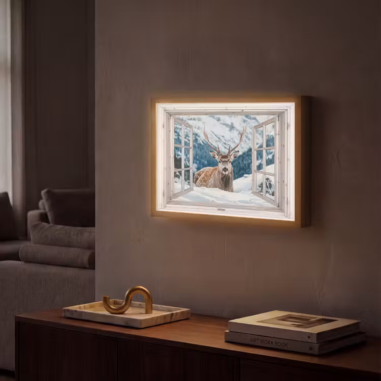 Hert - Winterlandschap - Natuur - Dieren - Doorkijk - Bergen Light Box met batterij (Wandlamp) middel -sfeer1