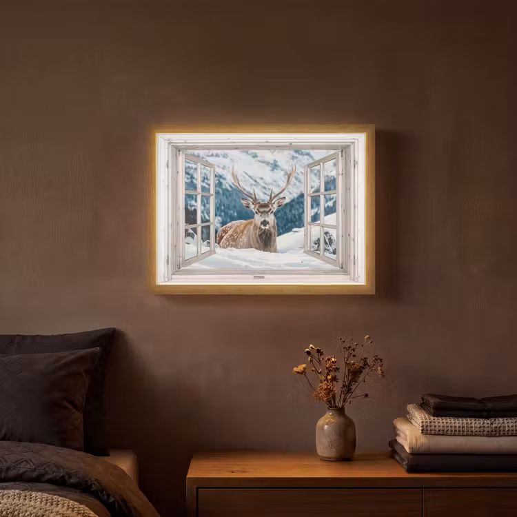 Hert - Winterlandschap - Natuur - Dieren - Doorkijk - Bergen Light Box met batterij (Wandlamp) middel -sfeer4