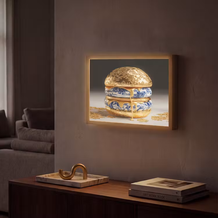 Delftsblauw - Goud - Burger Light Box met batterij (Wandlamp) middel -sfeer1