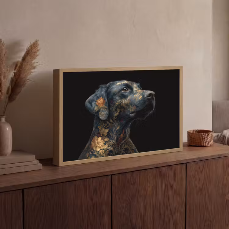 Hond - Zwart - Bloemen Light Box met batterij (Wandlamp) middel -sfeer2