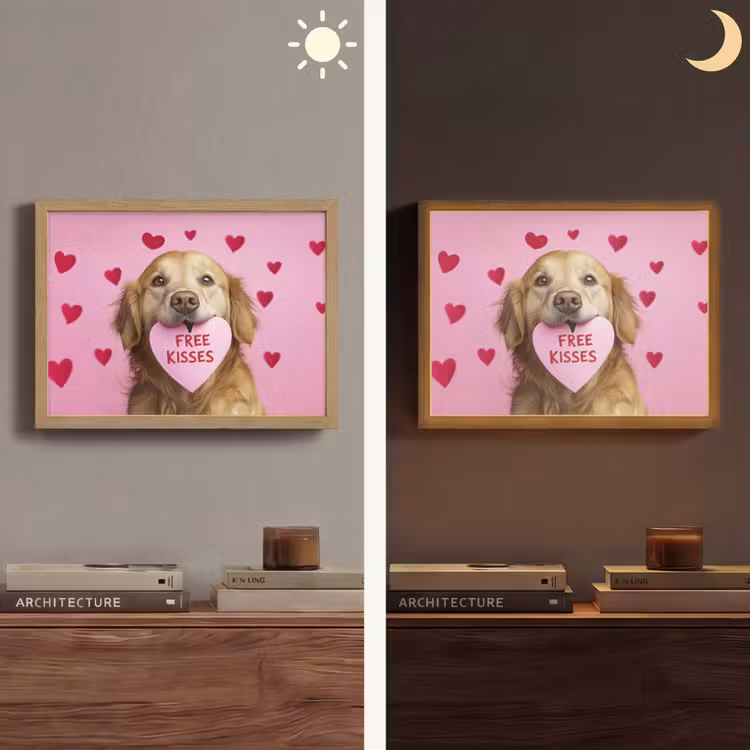 Hond - Kiss- Valentijn - Hartjes Light Box met batterij (Wandlamp) middel -sfeer3