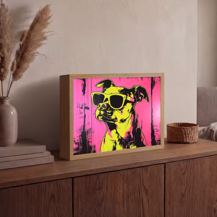 Hond - Zonnebril - Roze - Art Light Box met batterij (Wandlamp) middel -sfeer2