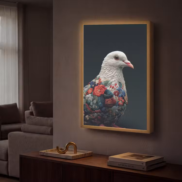 Duif - Bloemen - Wit - Zwart Light Box met batterij (Wandlamp) middel -sfeer1