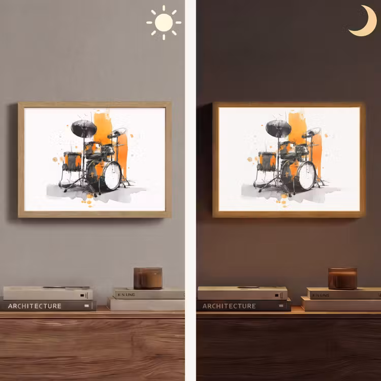 Drumstel - Oranje - Zwart - Aquarelverf Light Box met batterij (Wandlamp) middel -sfeer3
