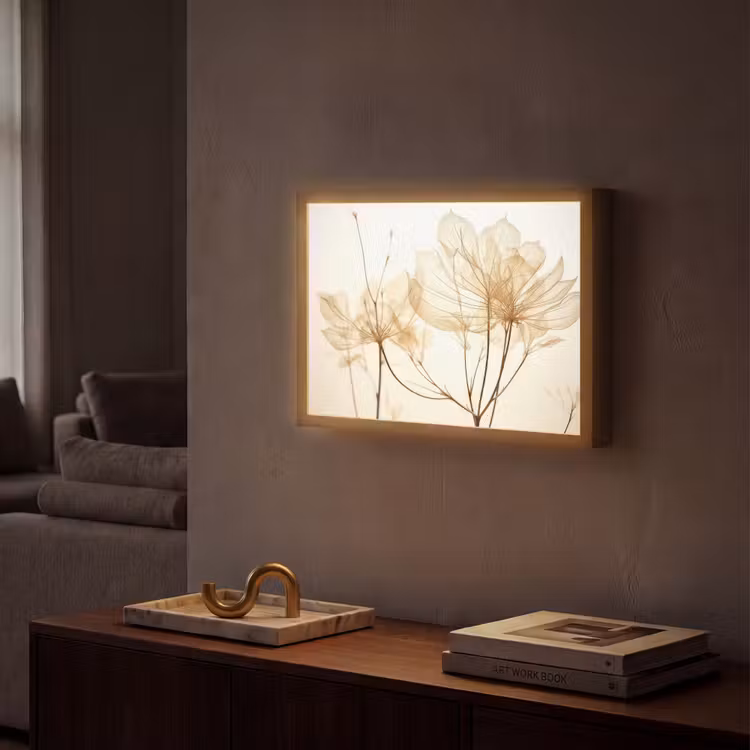 Droogbloemen - Beige - Planten - Wit Light Box met batterij (Wandlamp) middel -sfeer1