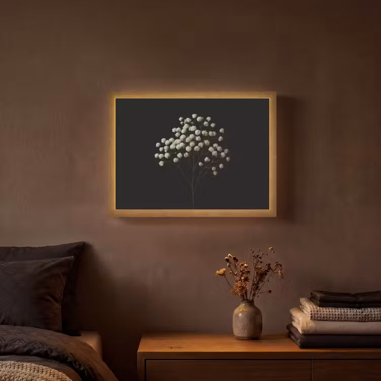 Gipskruid - Bloemetjes - Wit - Minimalistisch Light Box met batterij (Wandlamp) middel -sfeer4