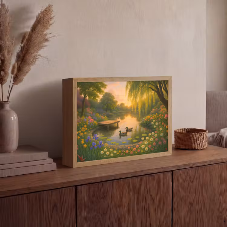 Eenden - Vijver - Bloemen Light Box met batterij (Wandlamp) middel -sfeer2