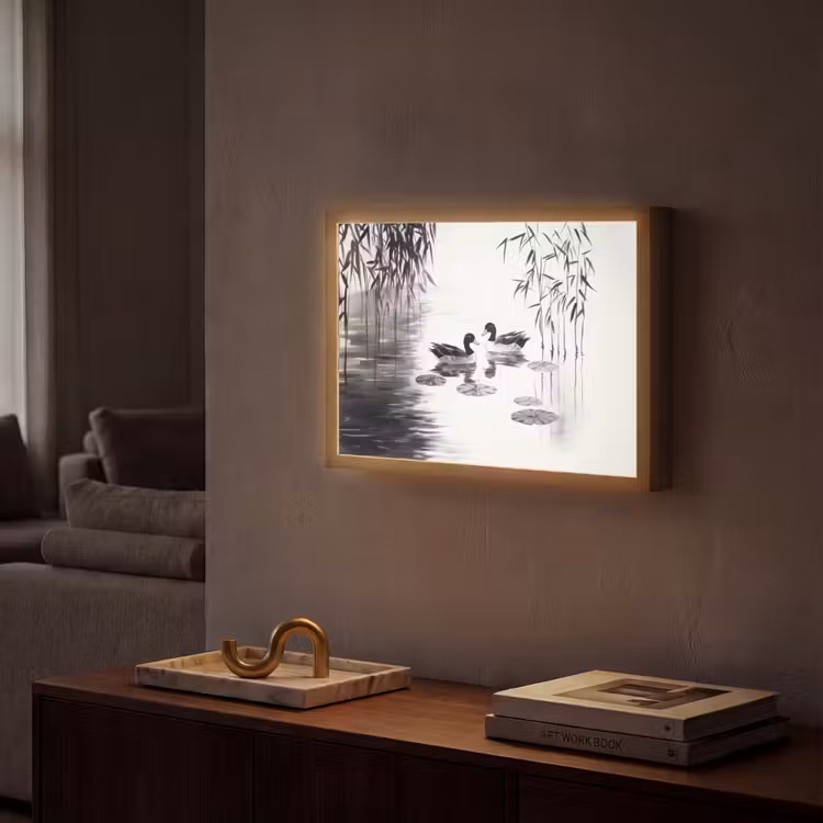 Eenden - Waterlelies - Riet - Zwart Light Box met batterij (Wandlamp) middel -sfeer1